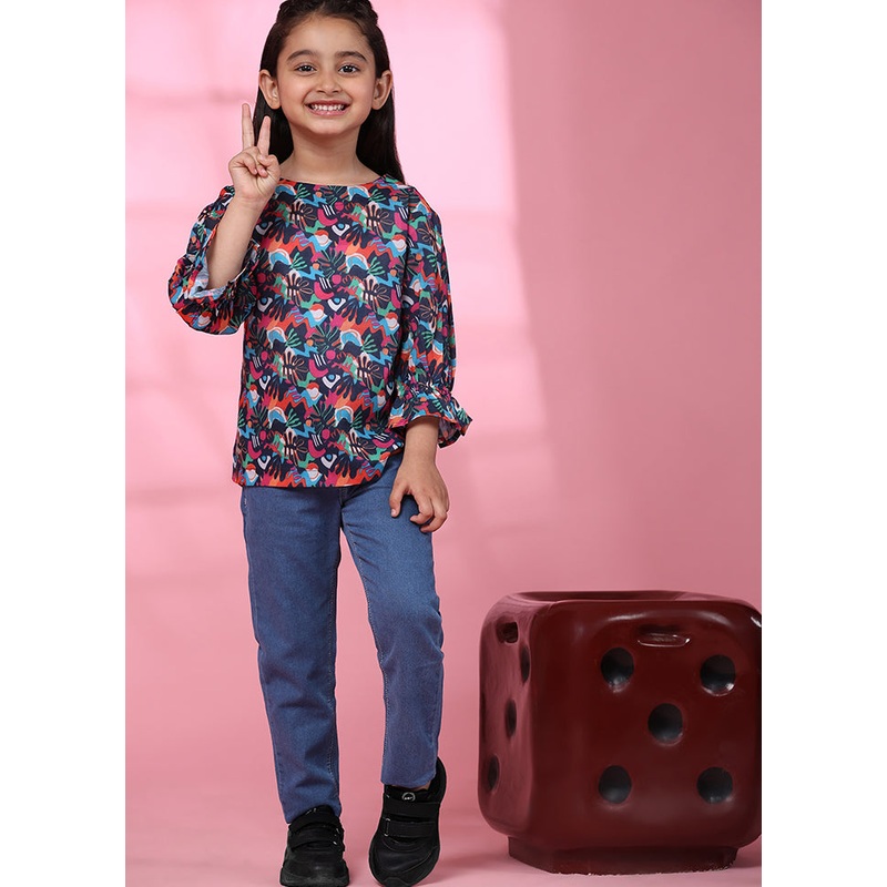 Multicolor Cotton Three Fourth Sleeves Round Neckshape Top - JD986606874