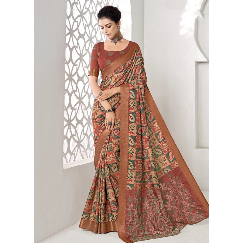 Multicolor Spun Silk Saree With Blouse Piece - JD986606708