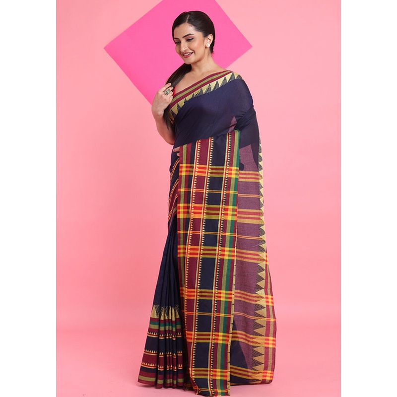 Navy Blue Cotton Saree With Blouse Piece - JD986606759