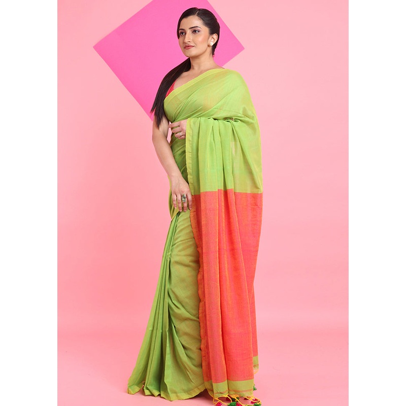 Parrot Green Cotton Saree With Blouse Piece - JD986606754