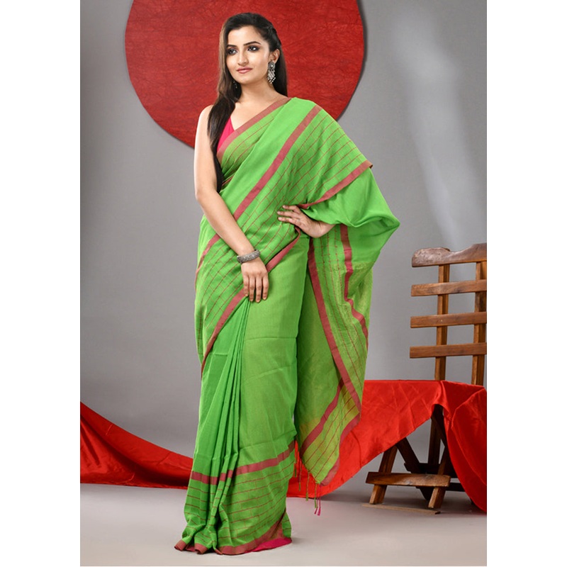 Parrot Green Cotton Saree With Blouse Piece - JD986606755