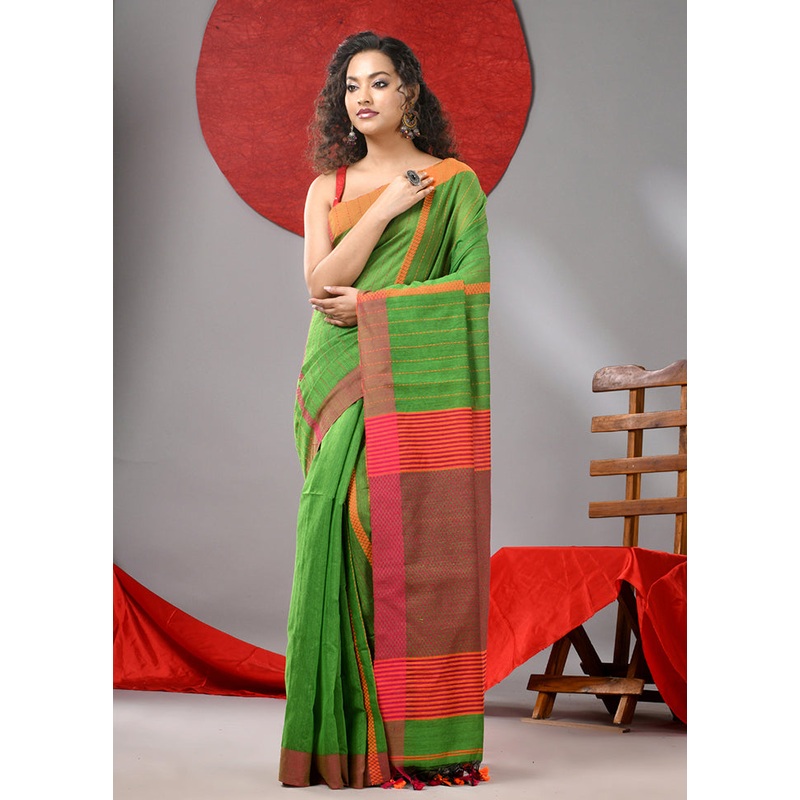 Parrot Green Cotton Saree With Blouse Piece - JD986606756