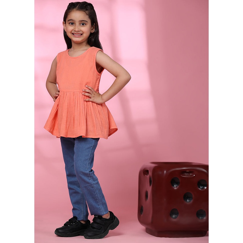 Peach Cotton Sleeveless Round Neckshape Top - JD986606871