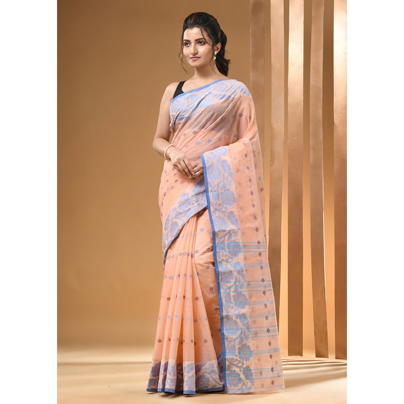 Peach Cotton Woven Work Saree Without Blouse Piece - JD986606753