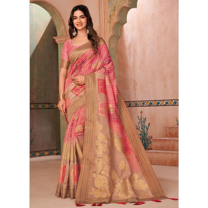 Peach Spun Silk Saree With Blouse Piece - JD986606697