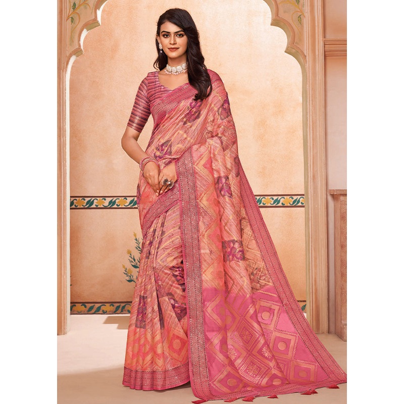 Peach Spun Silk Saree With Blouse Piece - JD986606698