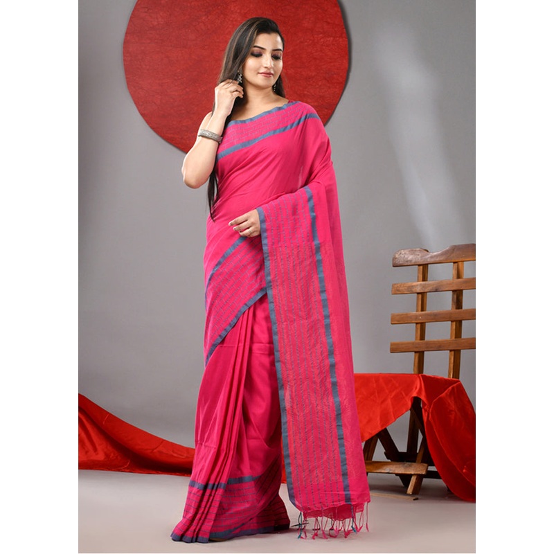 Pink Cotton Saree With Blouse Piece - JD986606752