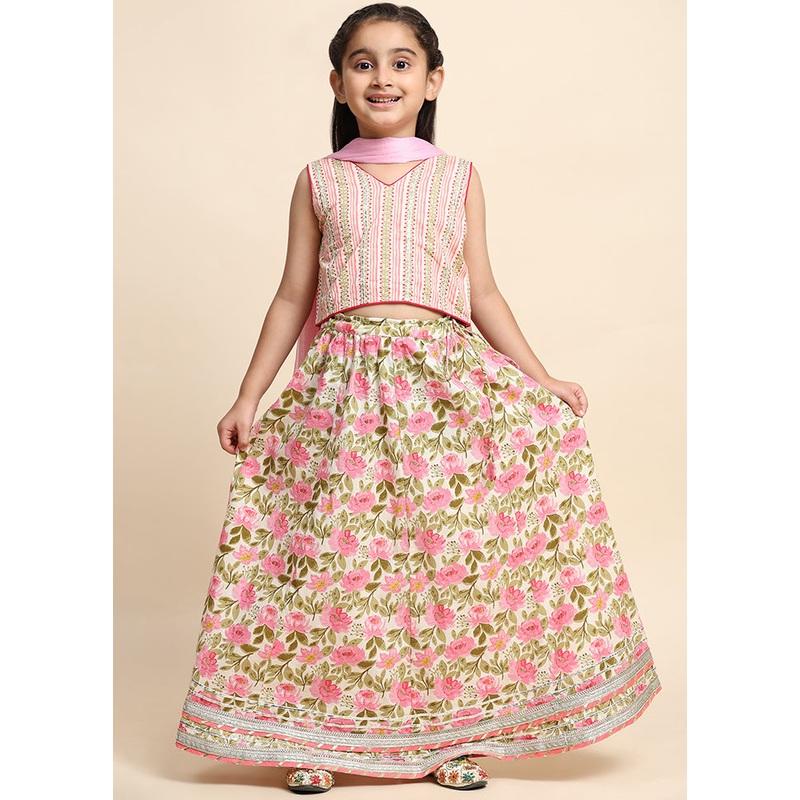 Pink Cotton Sleeveless V Neckshape Lehenga - JD986606866