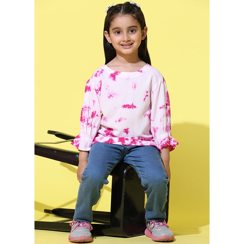Pink Rayon Three Fourth Sleeves Round Neckshape Top - JD986606861