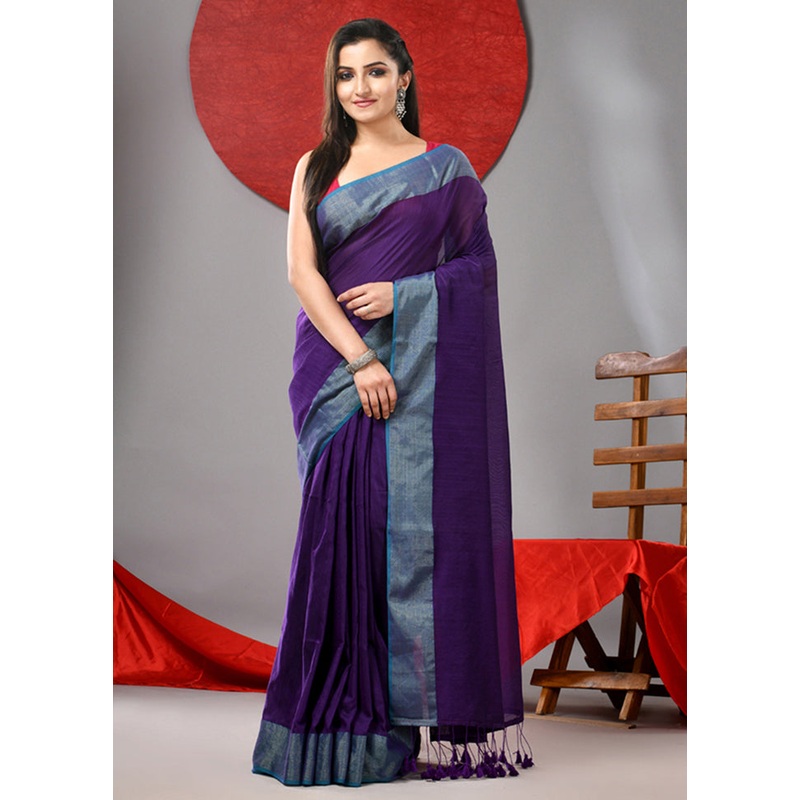 Purple Cotton Saree With Blouse Piece - JD986606750