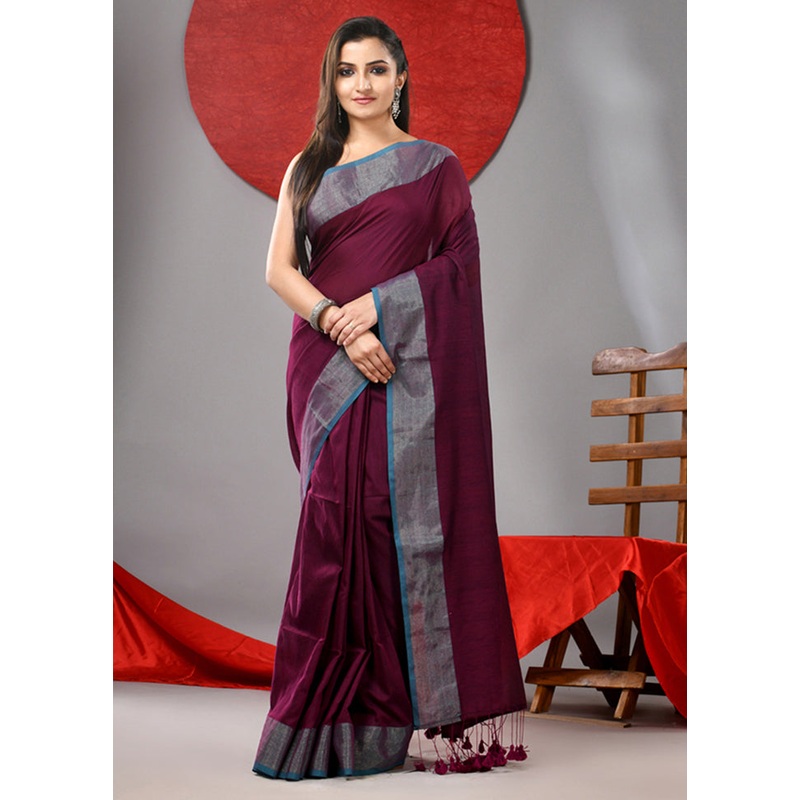 Purple Cotton Saree With Blouse Piece - JD986606751