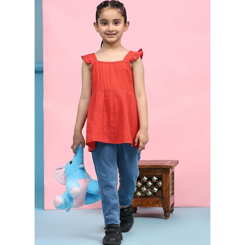 Red Cotton Sleeveless Square Neckshape Top - JD986606859