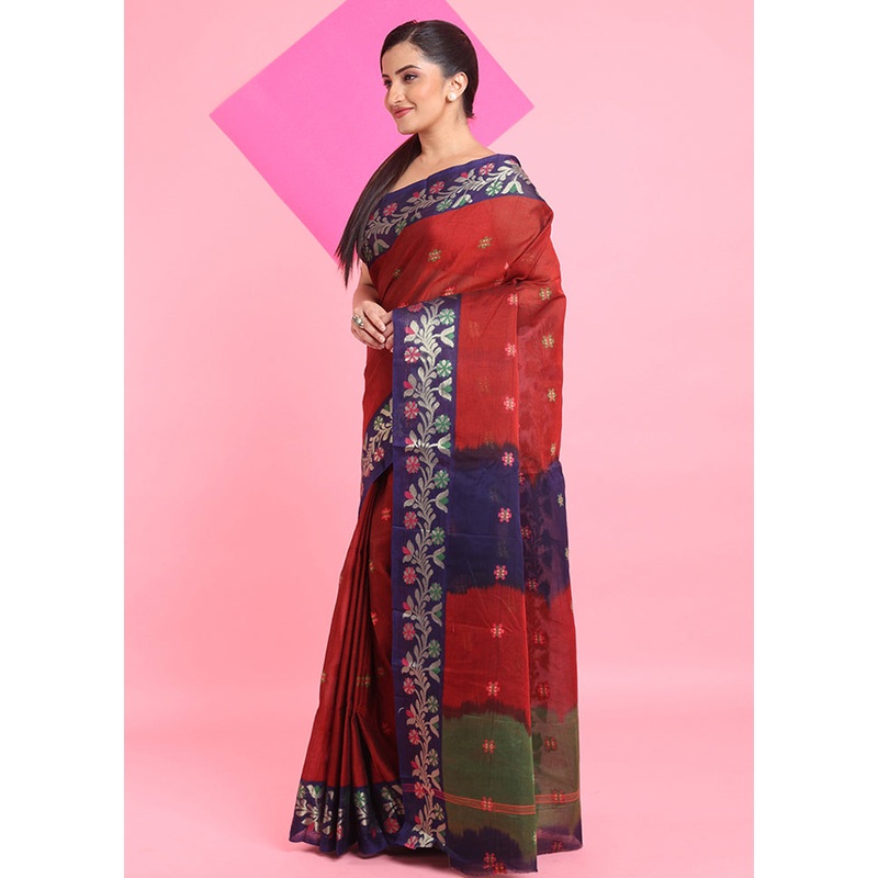 Red Cotton Woven Work Saree Without Blouse Piece - JD986606747