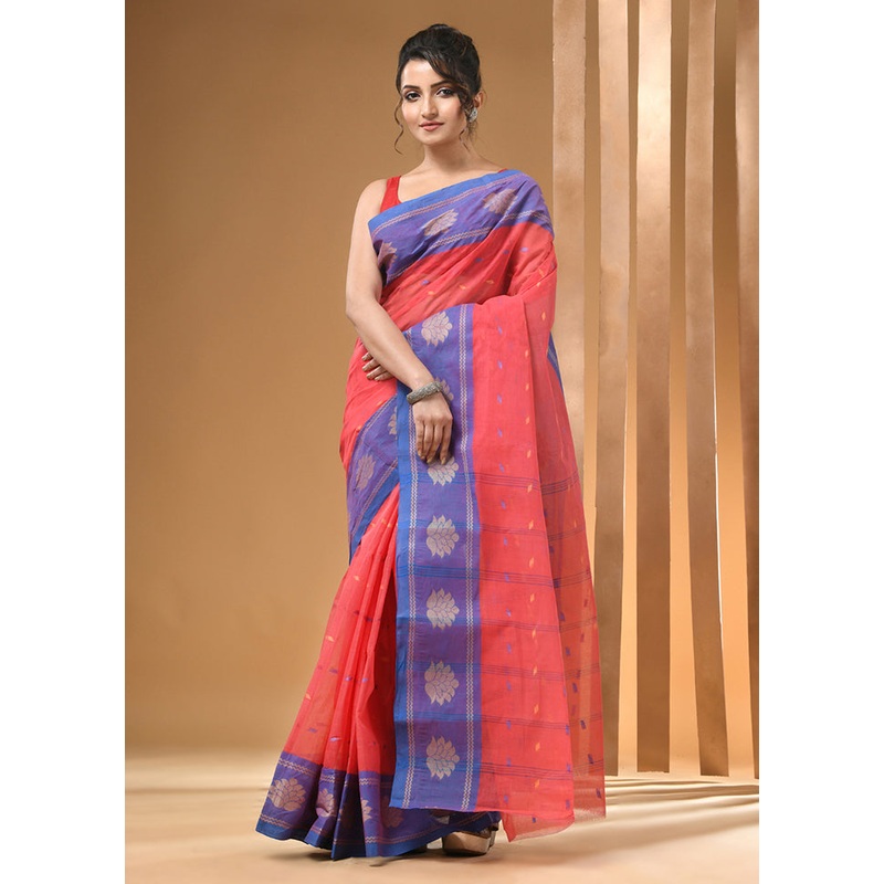 Red Cotton Woven Work Saree Without Blouse Piece - JD986606748
