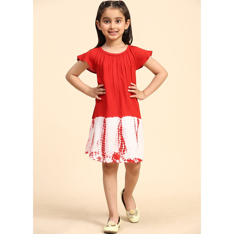 Red Rayon Short Sleeves Round Neckshape Indian Dress - JD986606858
