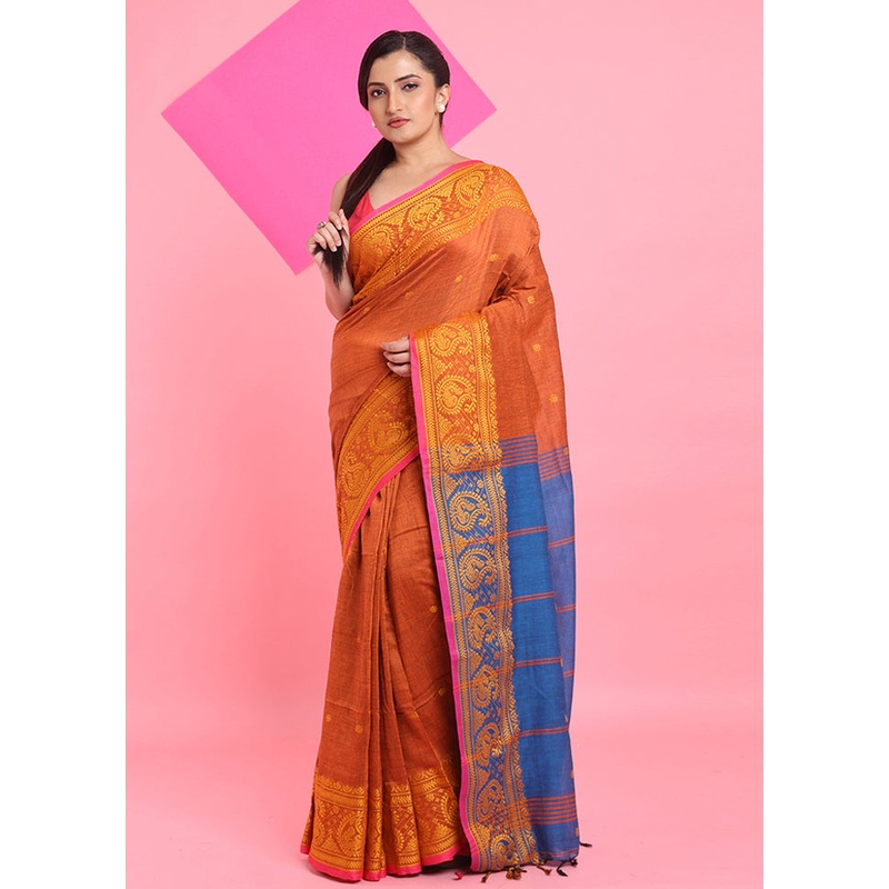 Rust Cotton Saree With Blouse Piece - JD986606746