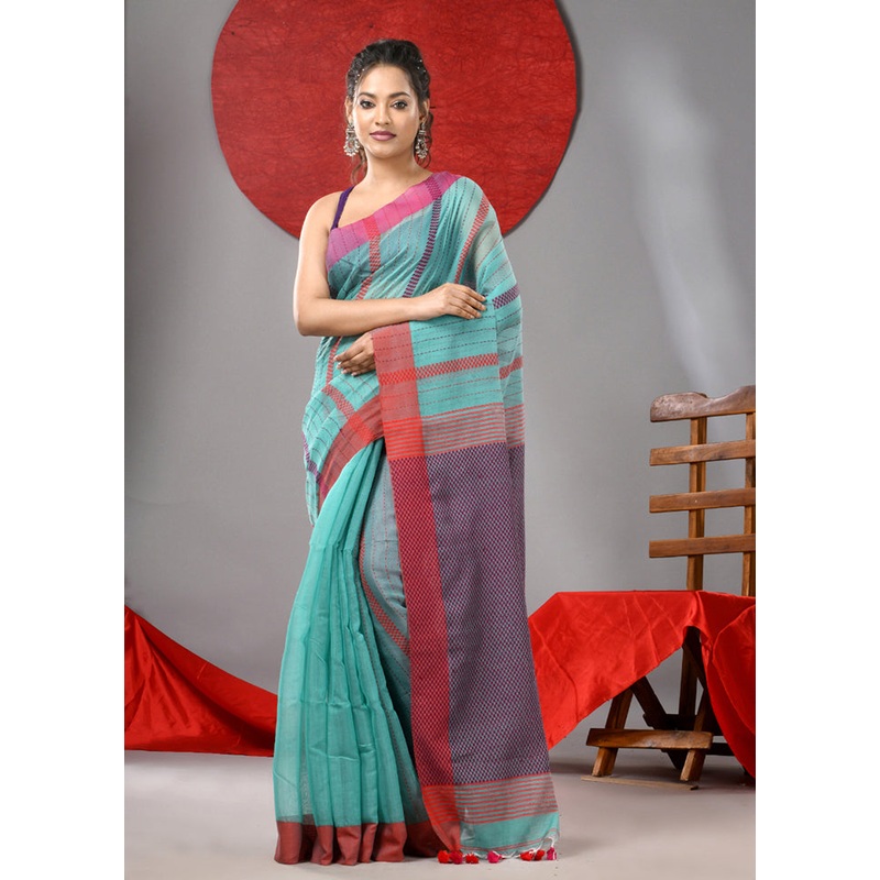 Sea Green Cotton Saree With Blouse Piece - JD986606745