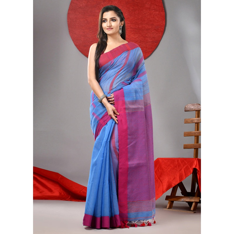 Sky Blue Cotton Saree With Blouse Piece - JD986606744