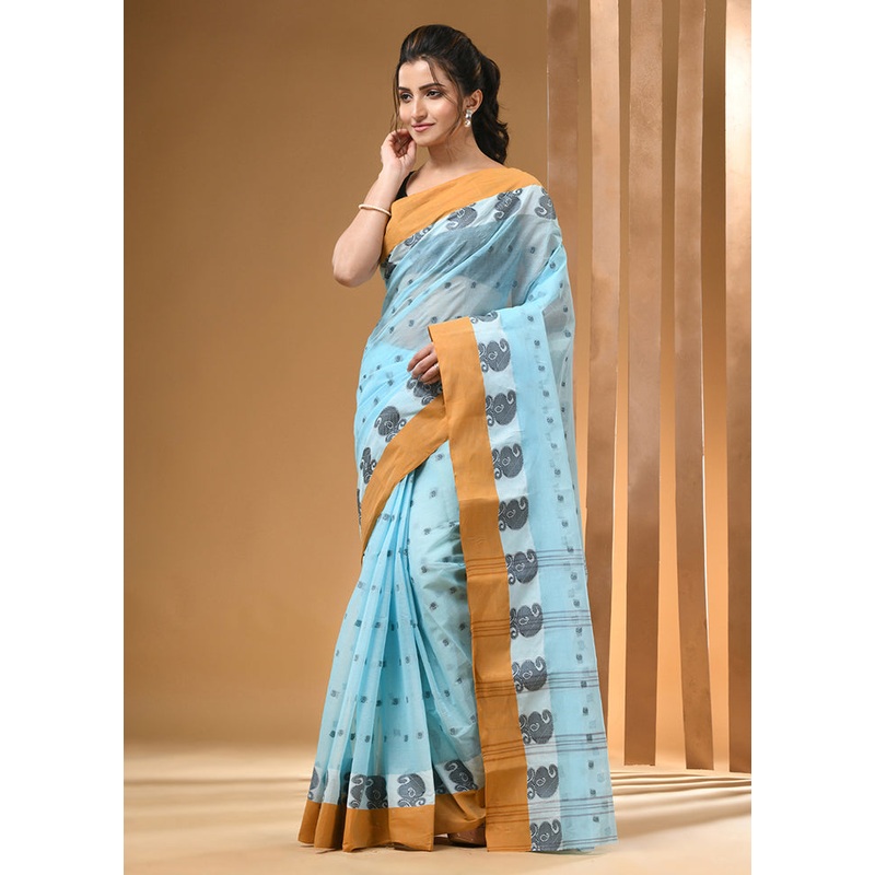 Sky Blue Cotton Woven Work Saree Without Blouse Piece - JD986606743