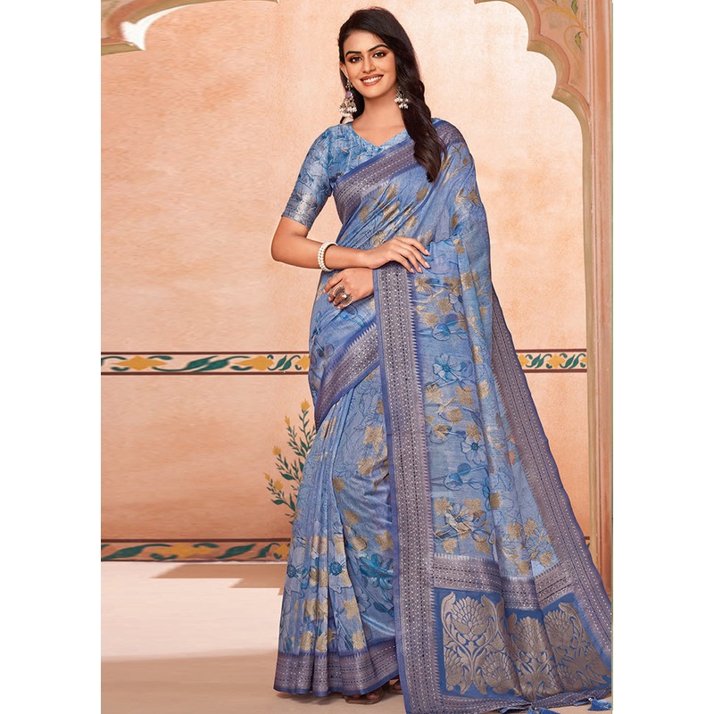 Sky Blue Spun Silk Saree With Blouse Piece - JD986606689