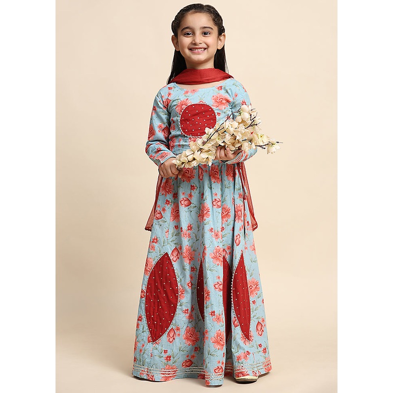 Teal Cotton Full Sleeves Round Neckshape Lehenga - JD986606856