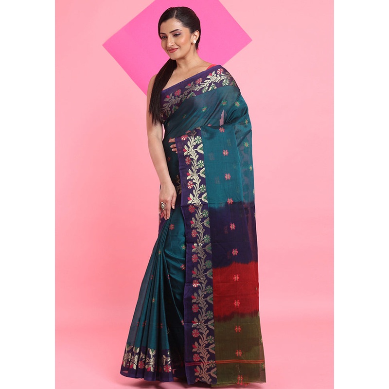 Teal Green Cotton Woven Work Saree Without Blouse Piece - JD986606742