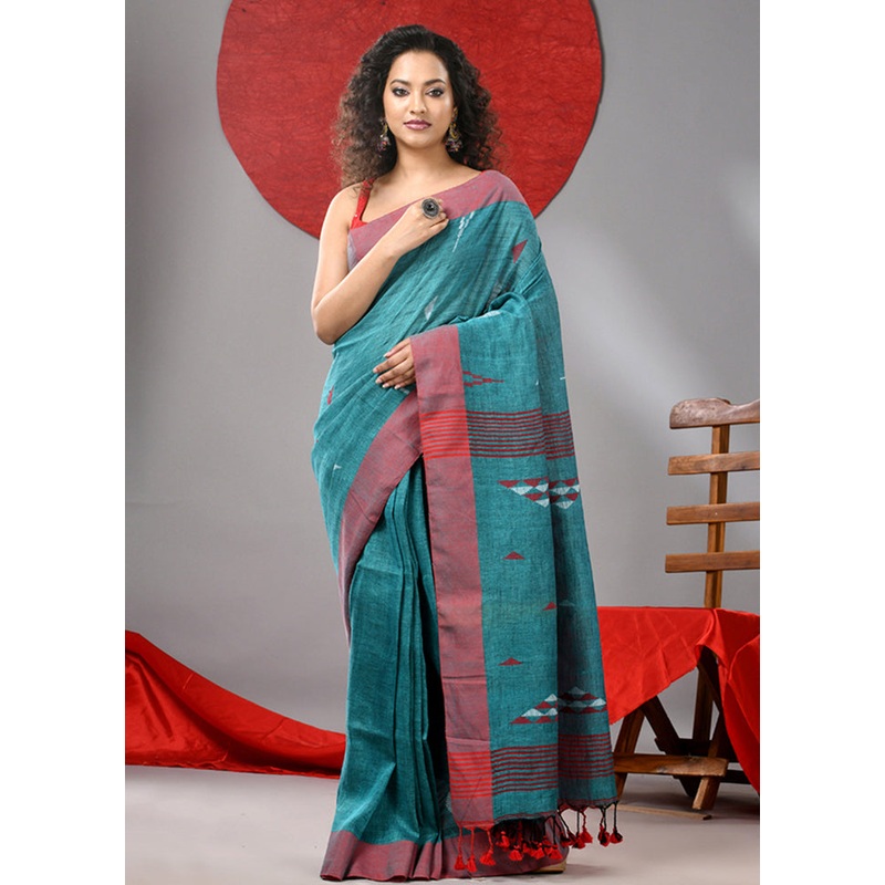 Teal Linen Silk Saree With Blouse Piece - JD986606741