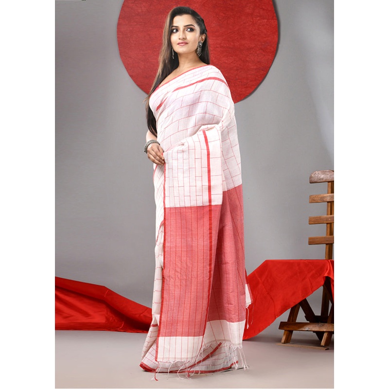 White Cotton Saree With Blouse Piece - JD986606740