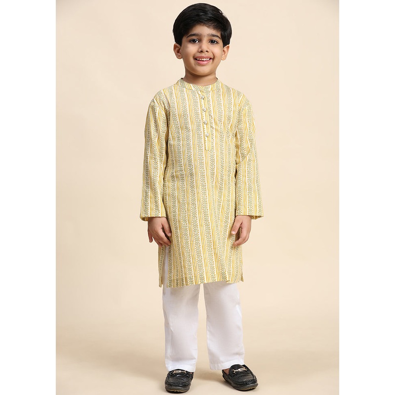 Yellow Cotton Full Sleeves Collar Neckshape Kurta Pajama Set - JD986606854