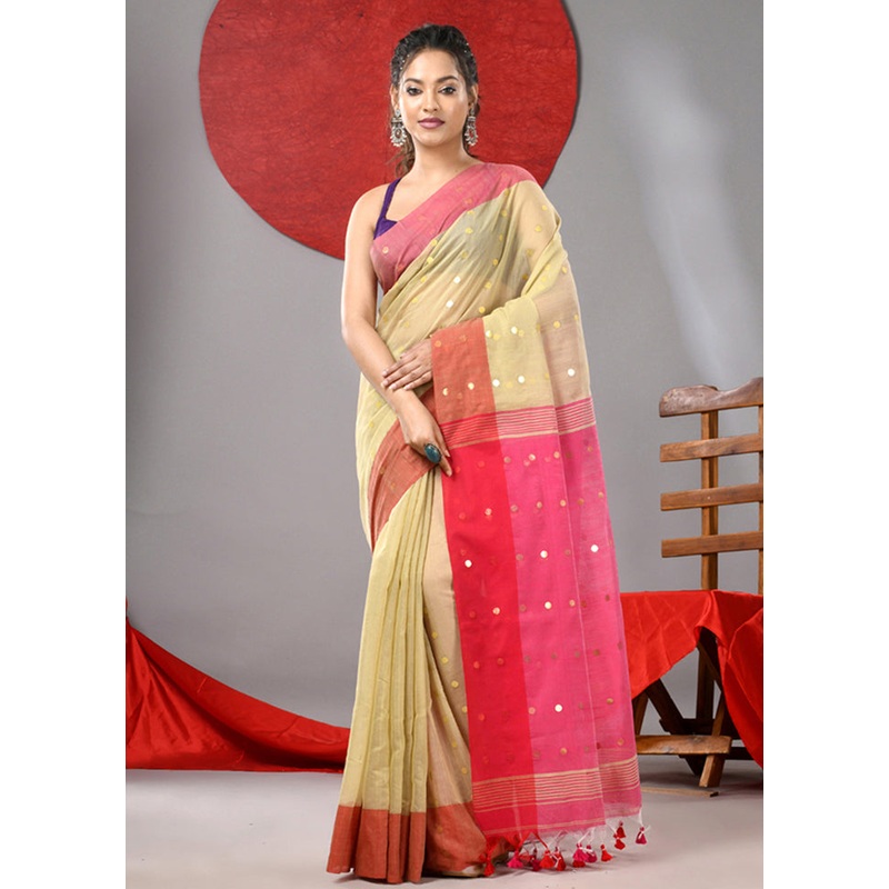 Yellow Cotton Saree With Blouse Piece - JD986606739
