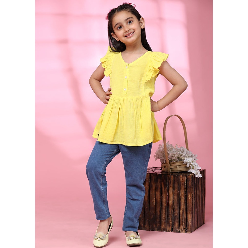 Yellow Cotton Short Sleeves V Neckshape Top - JD986606853