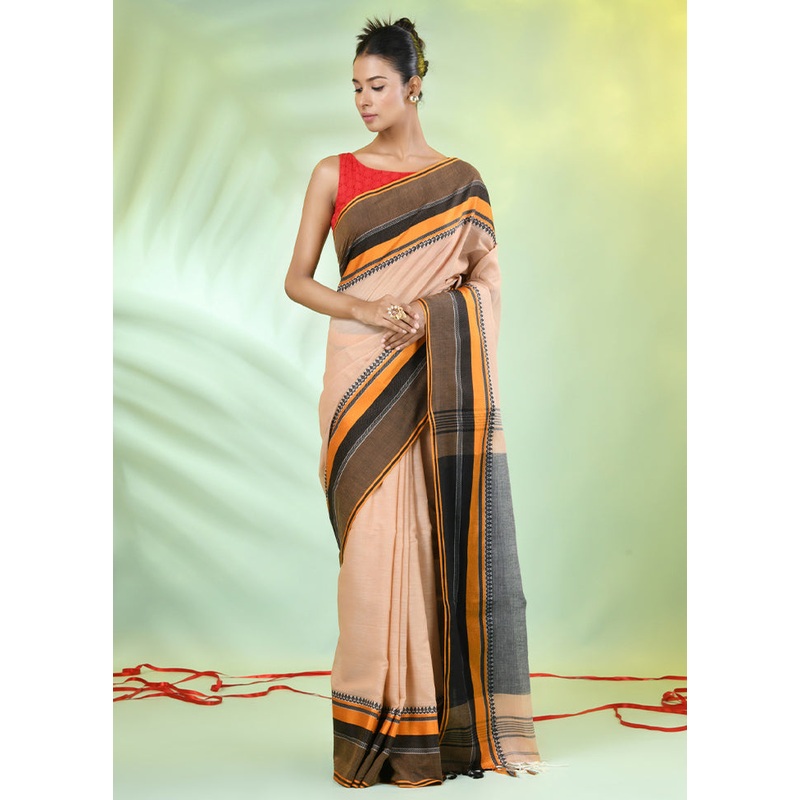 Beige Cotton Saree With Blouse Piece - JD986606679