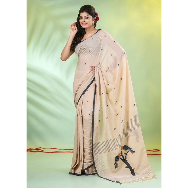 Beige Pure Cotton Saree With Blouse Piece - JD986606675