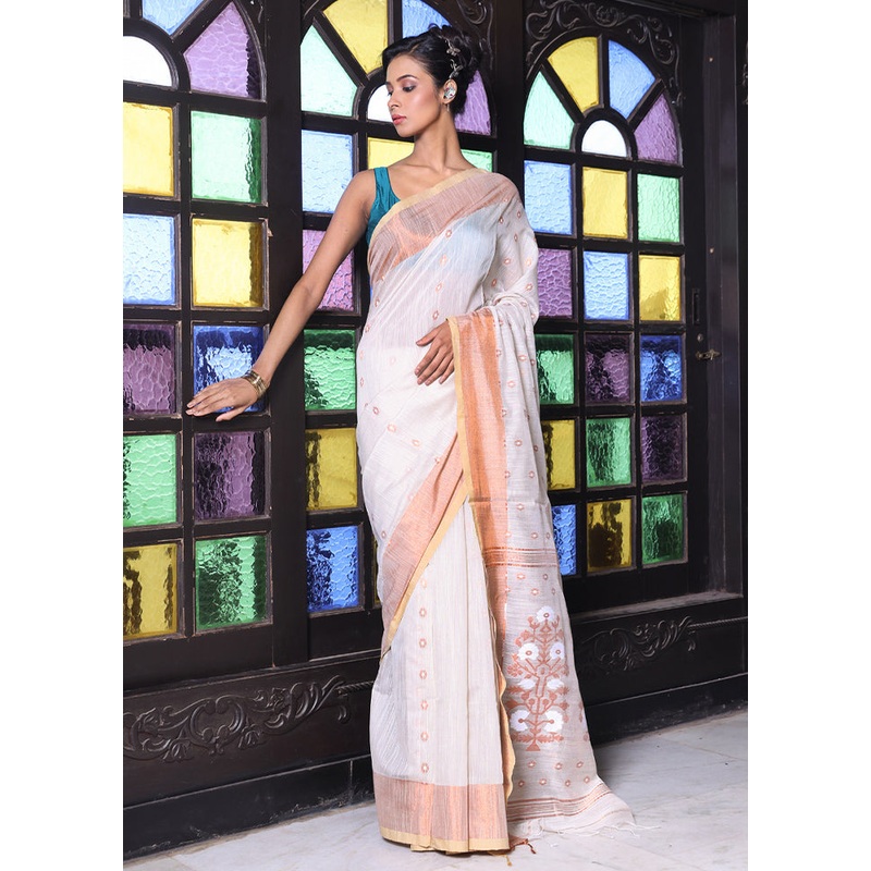 Beige Pure Cotton Saree With Blouse Piece - JD986606676
