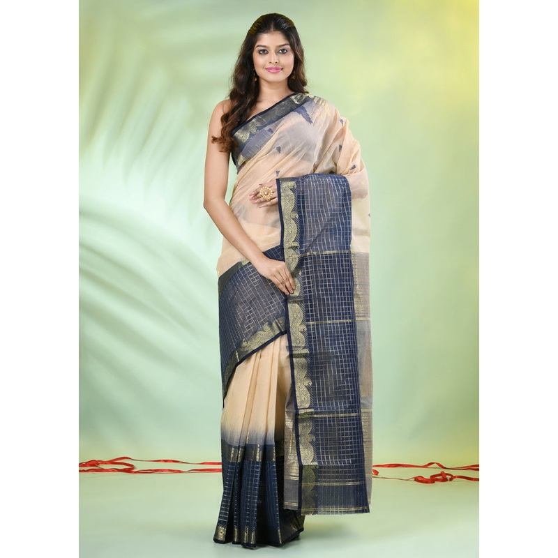 Beige Pure Cotton Texture Motifs Woven Saree Without Blouse Piece - JD986606673