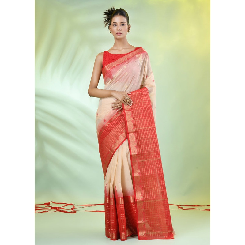 Beige Pure Cotton Texture Motifs Woven Saree Without Blouse Piece - JD986606674