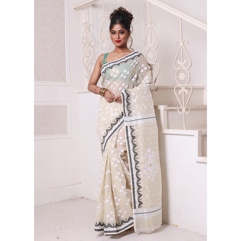 Beige Pure Cotton Texture Saree Without Blouse Piece - JD986606671