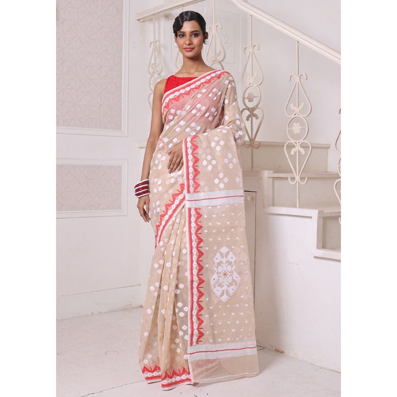 Beige Pure Cotton Texture Saree Without Blouse Piece - JD986606672