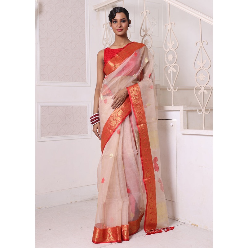 Beige Spun Silk Saree With Blouse Piece - JD986606670