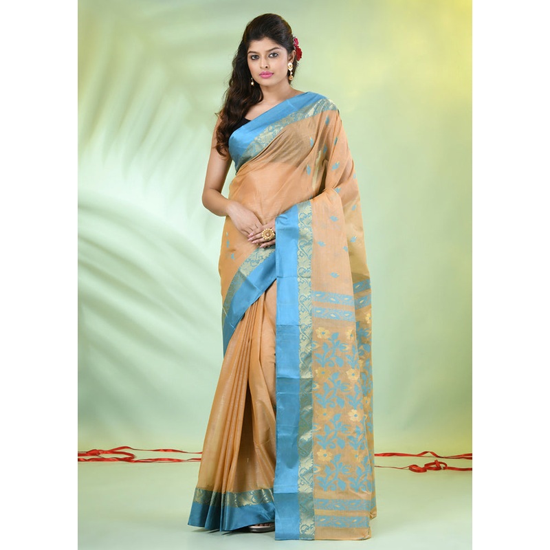 Beige Tussar Silk Texture Motifs Woven Saree Without Blouse Piece - JD986606666