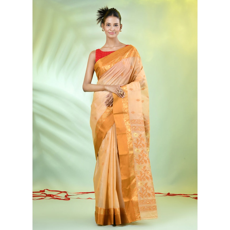 Beige Tussar Silk Texture Motifs Woven Saree Without Blouse Piece - JD986606667