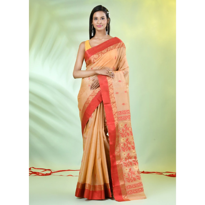 Beige Tussar Silk Texture Motifs Woven Saree Without Blouse Piece - JD986606668
