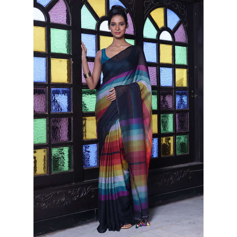 Black Cotton Colorblock Saree Without Blouse Piece - JD986606665
