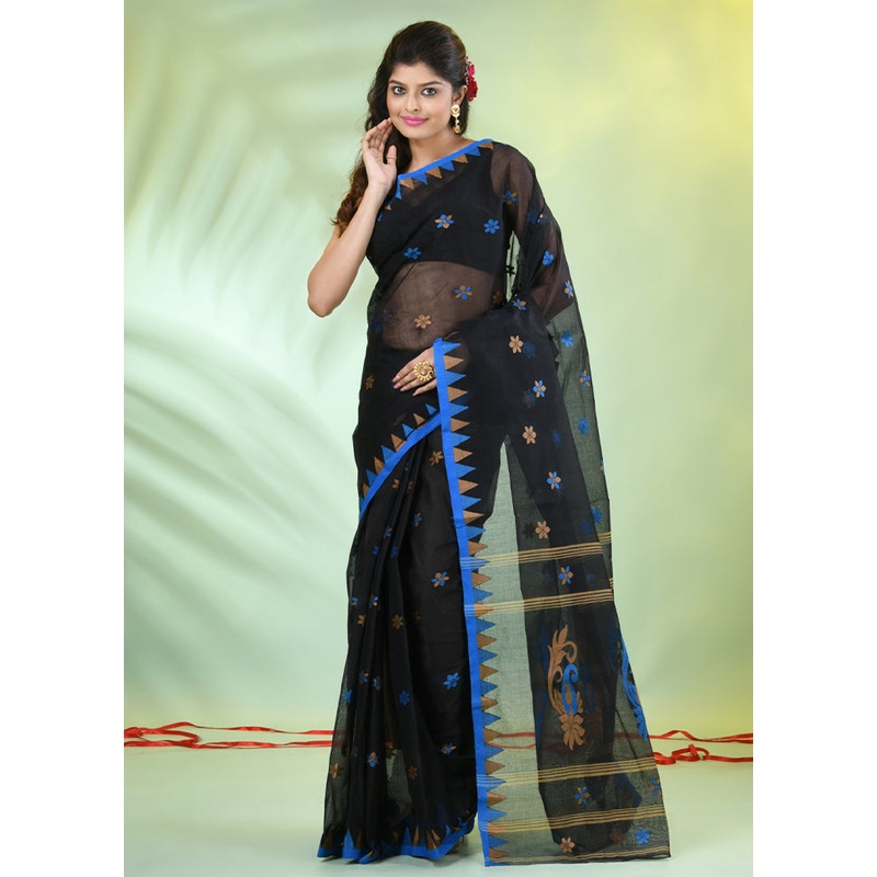 Black Cotton Floral Handwoven Saree Without Blouse Piece - JD986606664