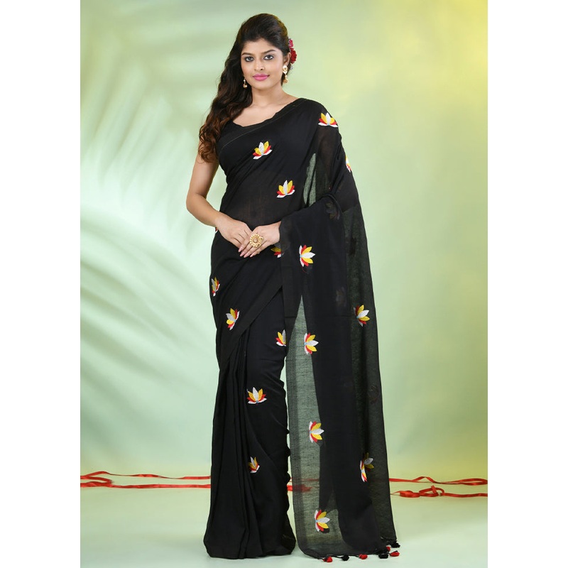 Black Cotton Saree With Blouse Piece - JD986606663