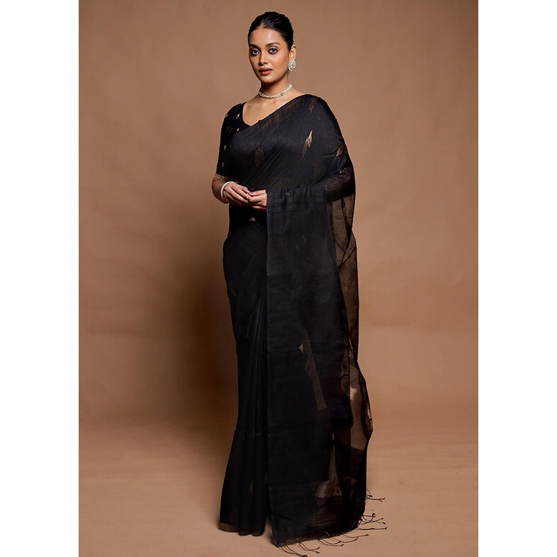 Black Handloom Matka Pure Silk Saree With Blouse Piece - JD986606507