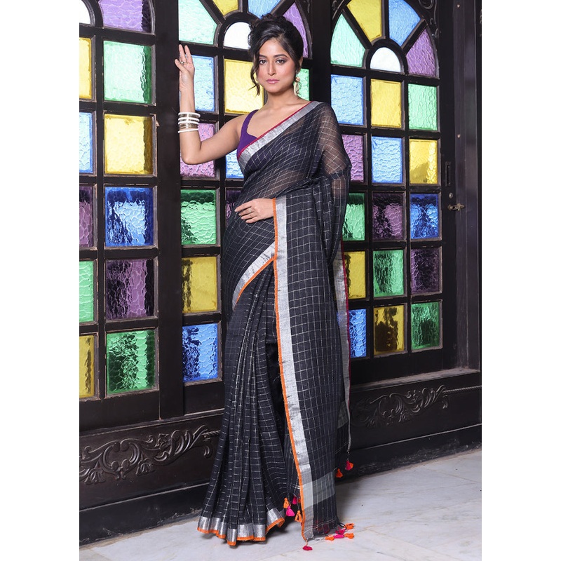 Black Linen Silk Saree With Blouse Piece - JD986606660