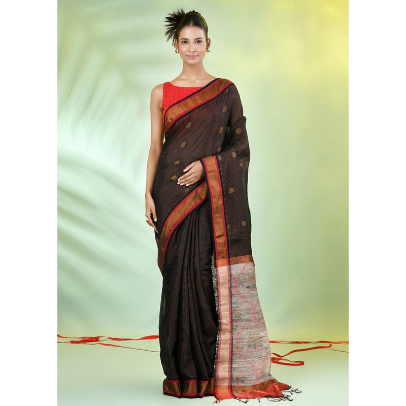 Black Pure Cotton Saree With Blouse Piece - JD986606655