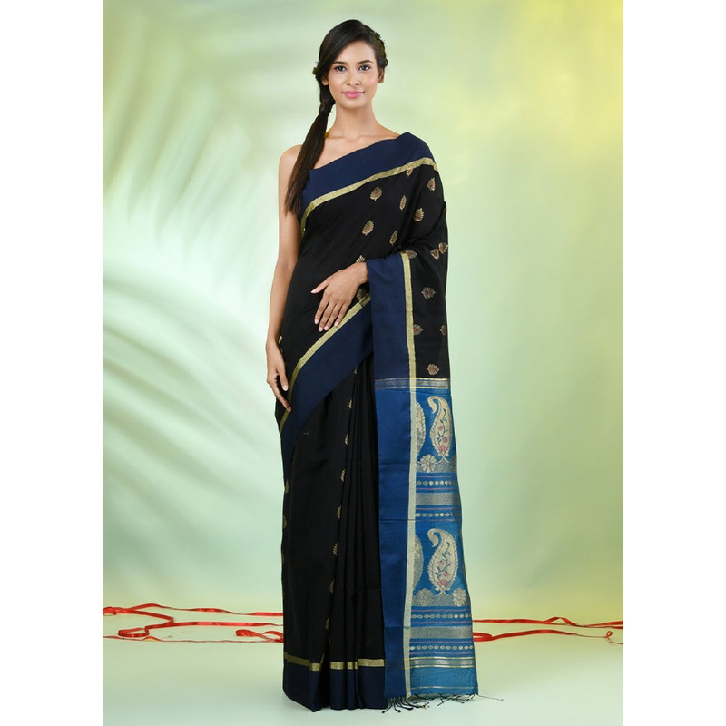 Black Pure Cotton Saree With Blouse Piece - JD986606656