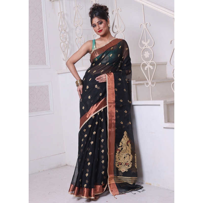 Black Pure Cotton Saree With Blouse Piece - JD986606658